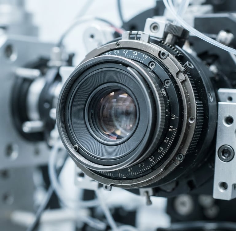 Macro close-up of a high-precision optical lens calibration under bright, cool clinical white light, sharp focus on technical details.