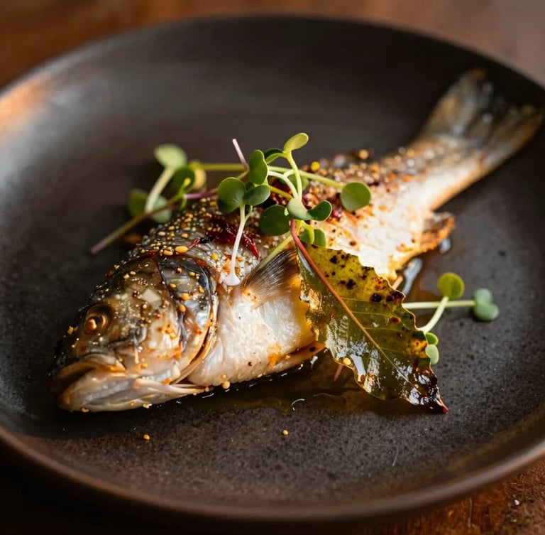 Close-up macro shot of an artfully plated Malabar sea bass, garnished with microgreens and a single crispy curry leaf, dramatic golden hour side-lighting on a dark textured ceramic plate, shallow depth of field, 35mm