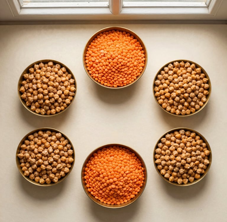 Top-down flat lay of rich orange red lentils and golden split chickpeas in rustic brass bowls on a warm cream surface, soft natural window light, 35mm