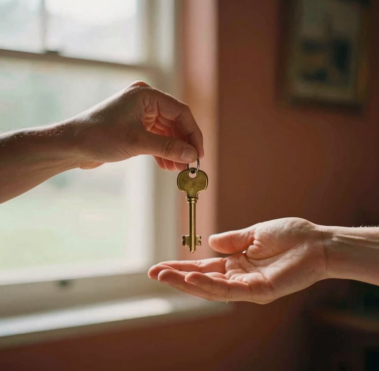 A close-up of hands passing a brass key to a new homeowner, soft natural window light, warm terracotta and olive tones, authentic 35mm film look