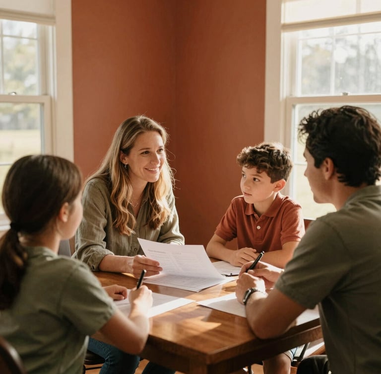 An authentic medium shot of a housing counselor and a family collaborating around a wooden table in a sunlit Georgia office, sharing plans and smiling, warm terracotta tones.