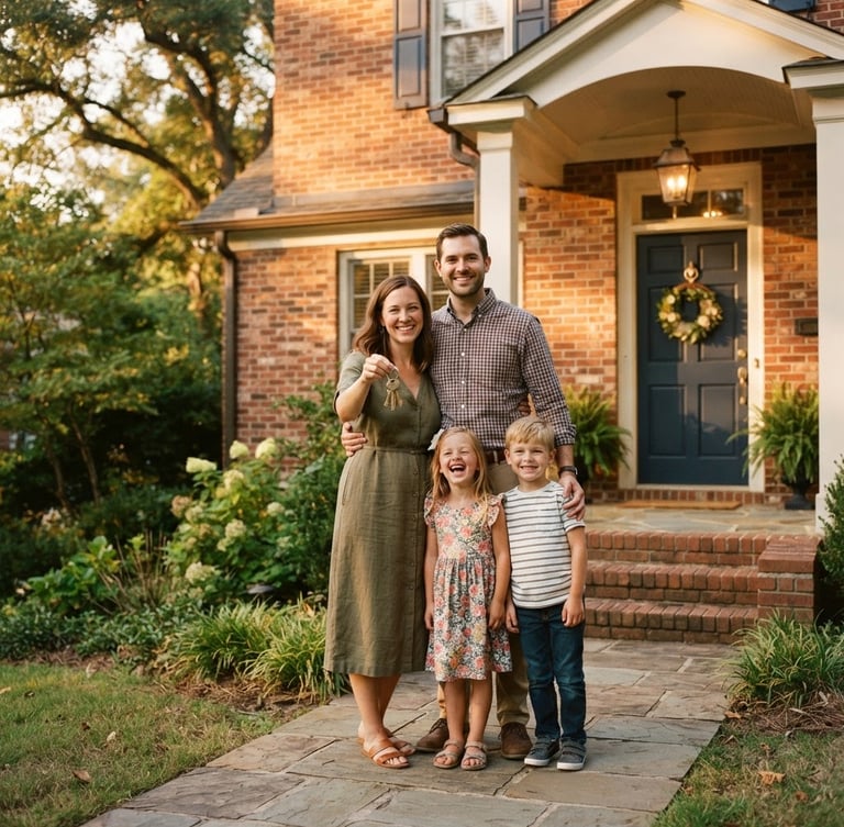 A warm, natural golden-hour photograph of an American family standing outside their new Georgia home, smiling warmly, holding a set of keys, soft 35mm film look.