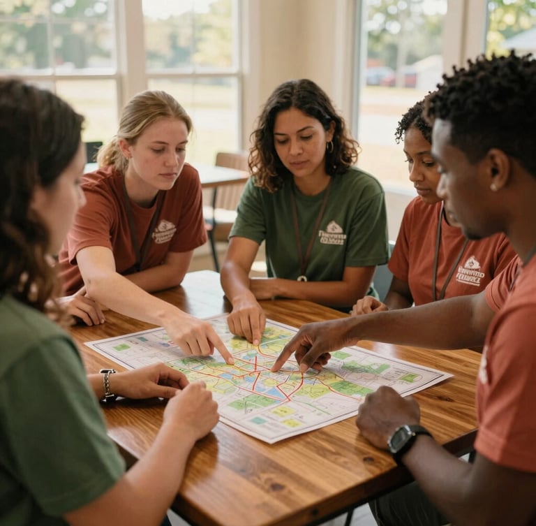 A medium-wide shot of community volunteers and a housing counselor collaborating around a wooden table in a sunlit Georgia community center, hands pointing at a neighborhood map, warm natural light, authentic 35mm film look.
