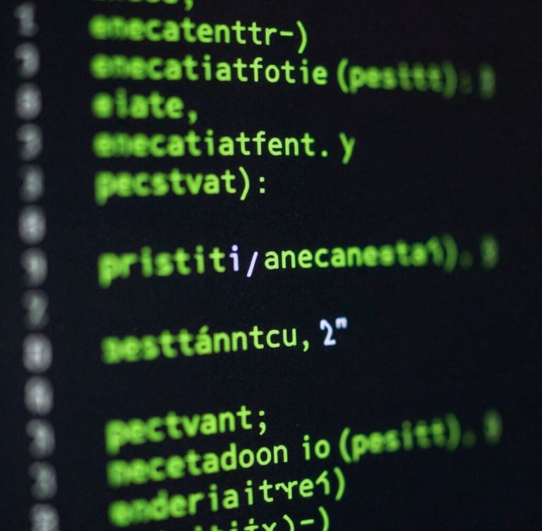 Macro shot of syntax-highlighted code on a dark terminal screen, low-key neon green glow, 35mm photography