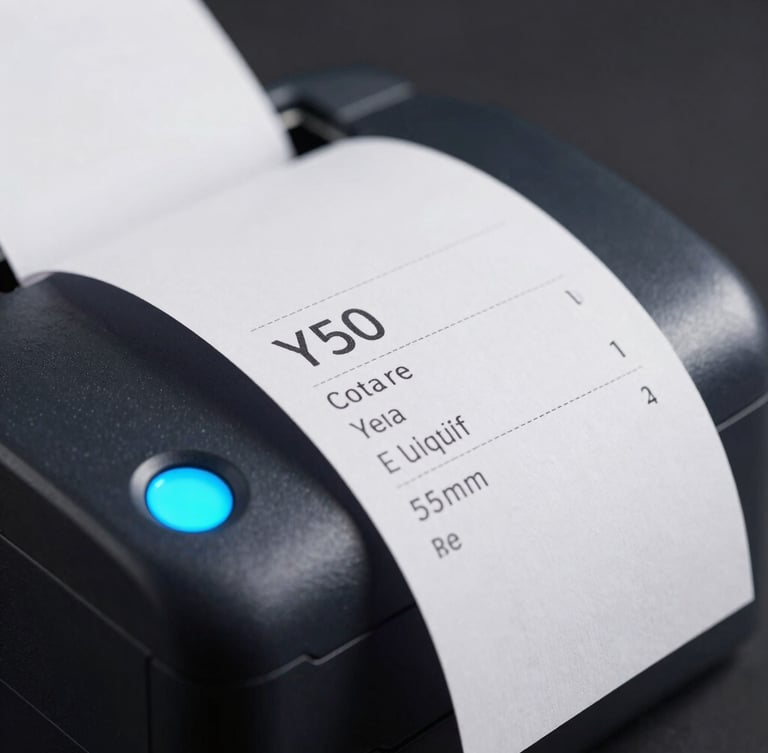 Detailed macro close-up of the y50 thermal printer printing a crisp receipt, electric cyan status light glowing, dark matte background, sharp focus, 50mm lens
