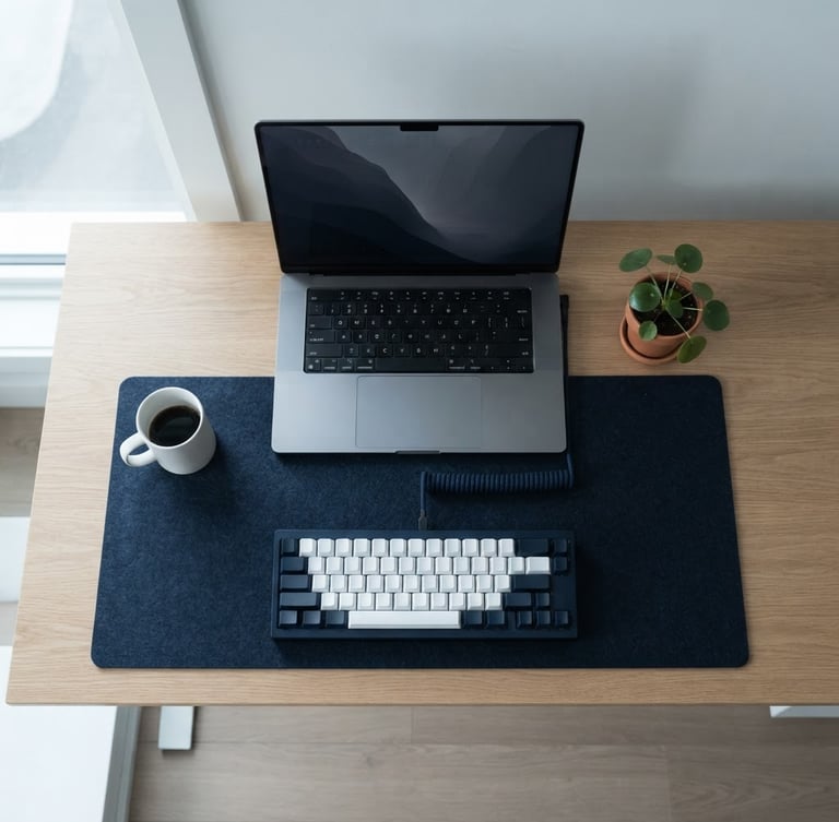 Symmetrical overhead shot of a clean modern desk setup, anodized aluminum laptop, mechanical keyboard, cool diffused Nordic morning light, deep navy and stark white tones, 35mm lens