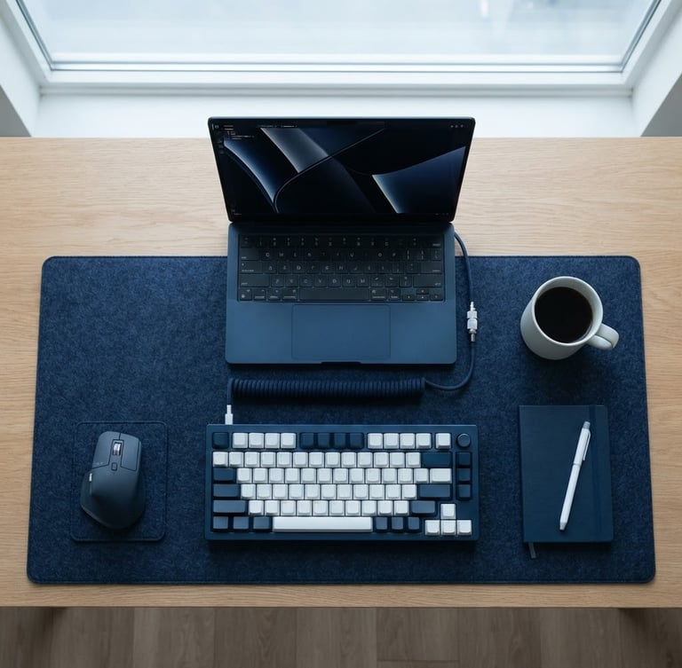 Symmetrical overhead shot of a clean minimalist desk setup in cool diffused Nordic daylight, a sleek laptop and metal mechanical keyboard, deep navy and white tones