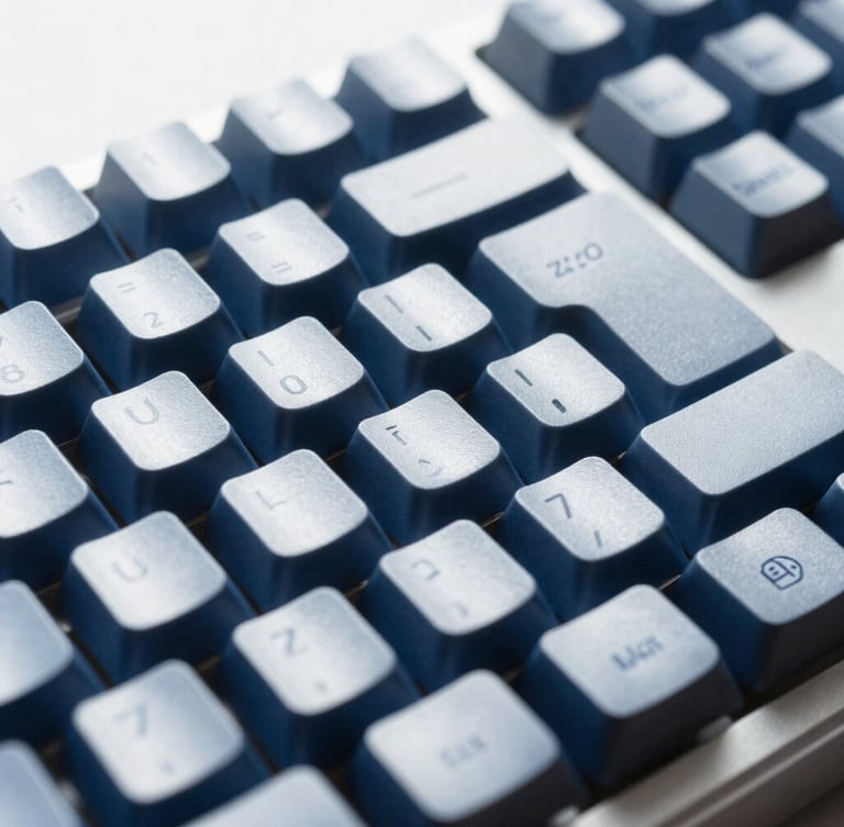 Macro shot of a high-end metal mechanical keyboard and designer desk accessory in cool diffused morning light, sharp focus, minimalist editorial style