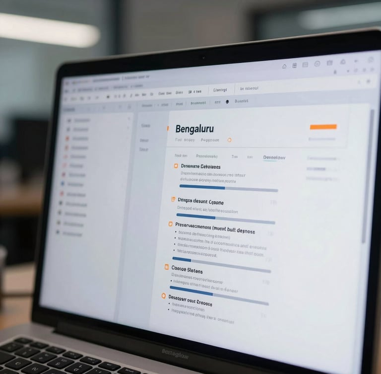 Close-up of a clean computer screen showing a structured technical resume editor with subtle orange highlight markers, cool office lighting, modern IT workspace in Bengaluru.