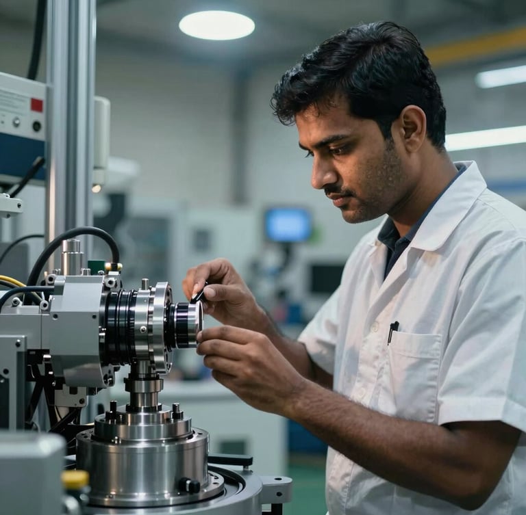 A professional Indian engineer in a high-tech manufacturing facility inspecting a mechanical component, cool industrial lighting, sharp focus.