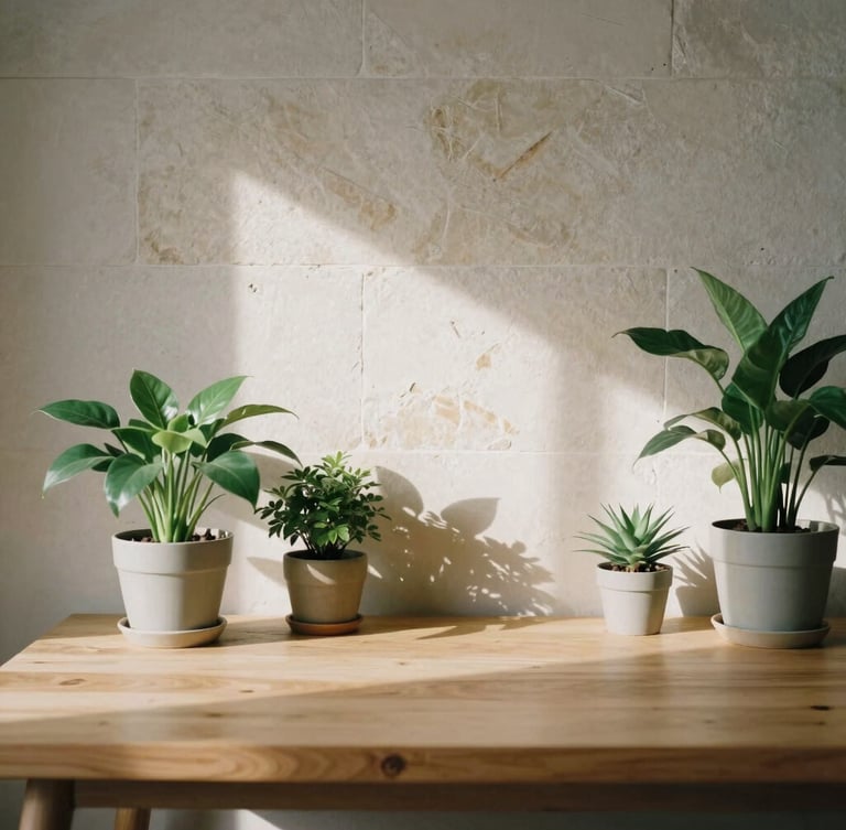 A serene, sunlit minimalist workspace with potted green plants, soft shadows on a warm stone wall, a clean wooden desk, 35mm editorial photography