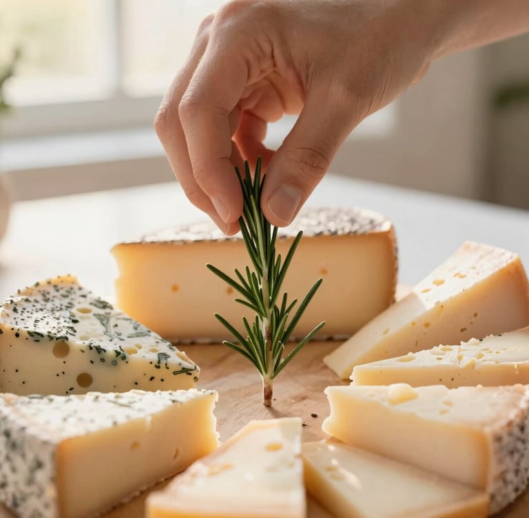 Warm editorial photography of a close-up of a hand placing a single sprig of fresh rosemary onto a styled cheese board, soft natural golden-hour light, shallow depth of field, 35mm
