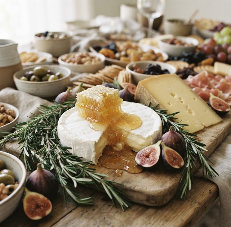 Close-up of a meticulously styled grazing table with fresh honeycomb dripping onto artisanal cheese wheels, hand-torn rosemary sprigs, and fresh figs under soft morning window light, 35mm photography