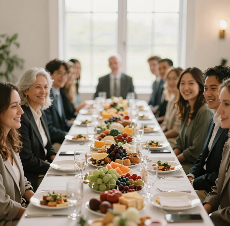 Warm editorial photography of a low-angle shot of guests gathered around a beautifully styled long grazing table at a corporate event, smiling, soft diffused light, shallow depth of field, 35mm