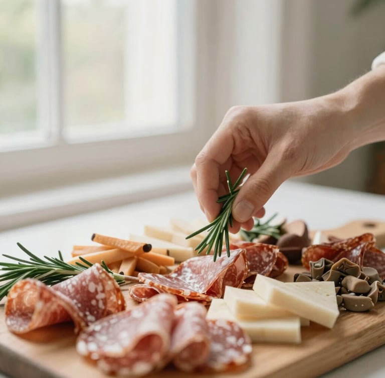 Close-up of hands delicately placing a single sprig of fresh rosemary onto a curated charcuterie board, soft natural window light, shallow depth of field, warm tones.