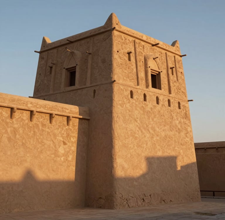 Architectural elevation of a traditional Omani mudbrick fortress at golden hour, sharp shadows, technical drafting line overlays, 35mm photography