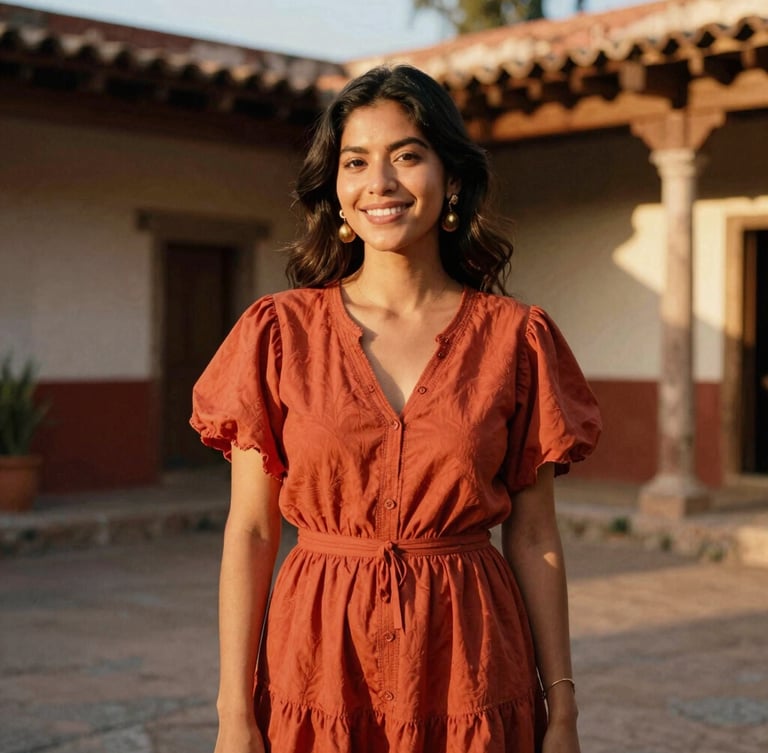 Warm golden-hour editorial portrait of a smiling Mexican woman wearing a vibrant terracotta dress, standing in a rustic sun-drenched courtyard in Mexico, soft depth of field, 35mm film look