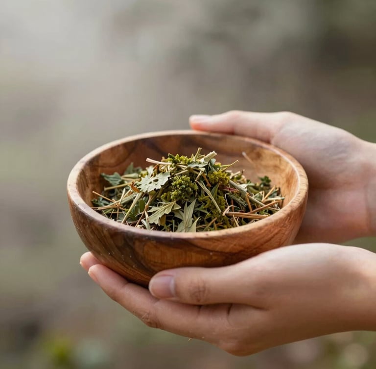 Hands of a local artisan holding a raw wooden bowl with dried botanical herbs, soft natural light filtered by southern Chilean mist, warm rustic tones