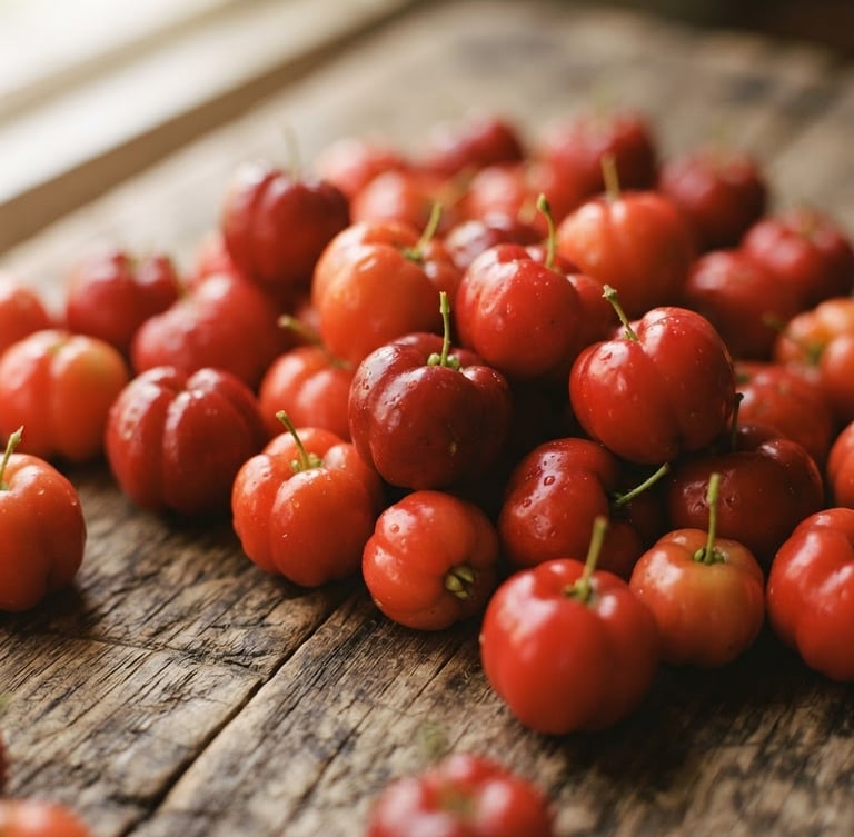Macro close-up of raw organic acerola cherries on a rustic wooden surface, soft natural side-light from a kitchen window, warm earthy tones, shallow depth of field, 35mm