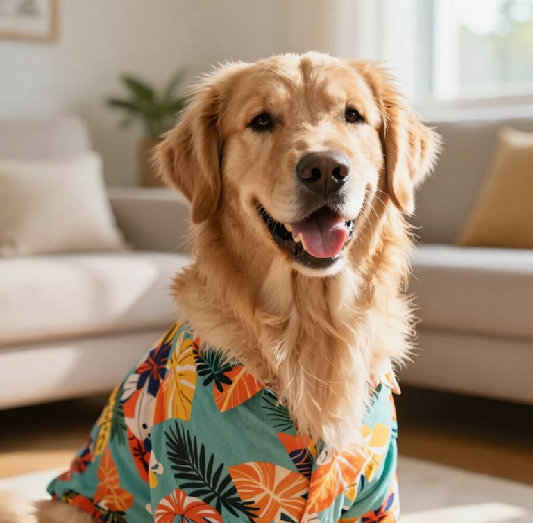 Candid eye-level portrait of a happy golden retriever wearing a colorful tropical shirt in a sunny living room, warm natural light, shallow depth of field