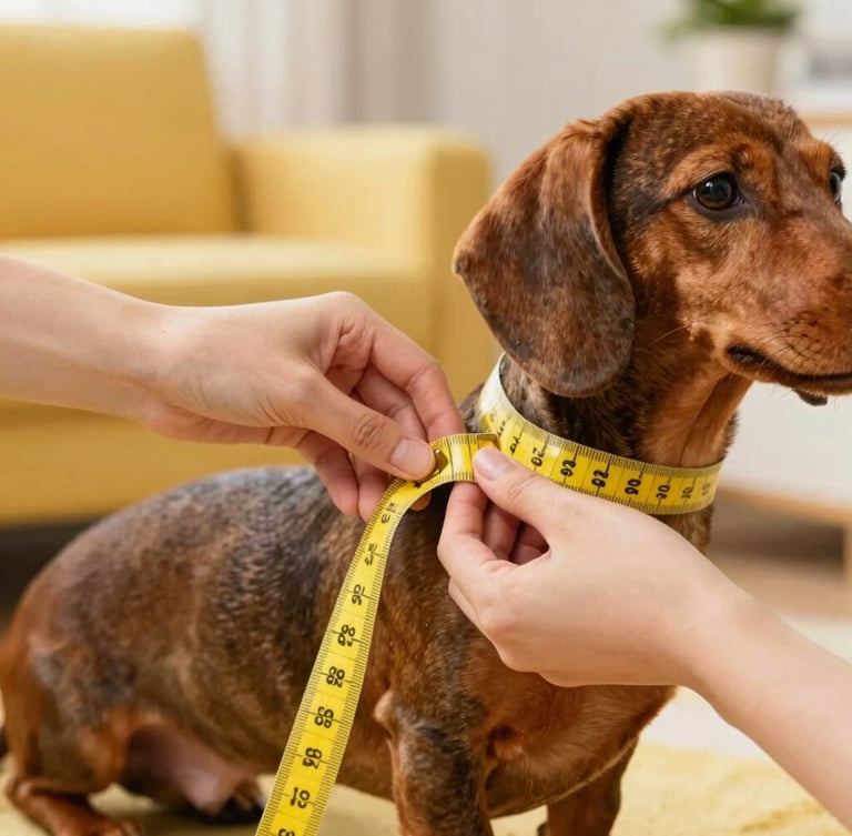 Close-up of hands gently measuring a dachshund's chest with a soft yellow tailor tape, sunny warm living room, 35mm photography