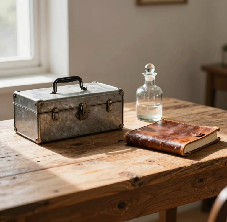 A rustic wooden table covered in vintage finds: a retro steel toolbox, a glass apothecary jar, and an old leather-bound journal, soft morning light casting long shadows
