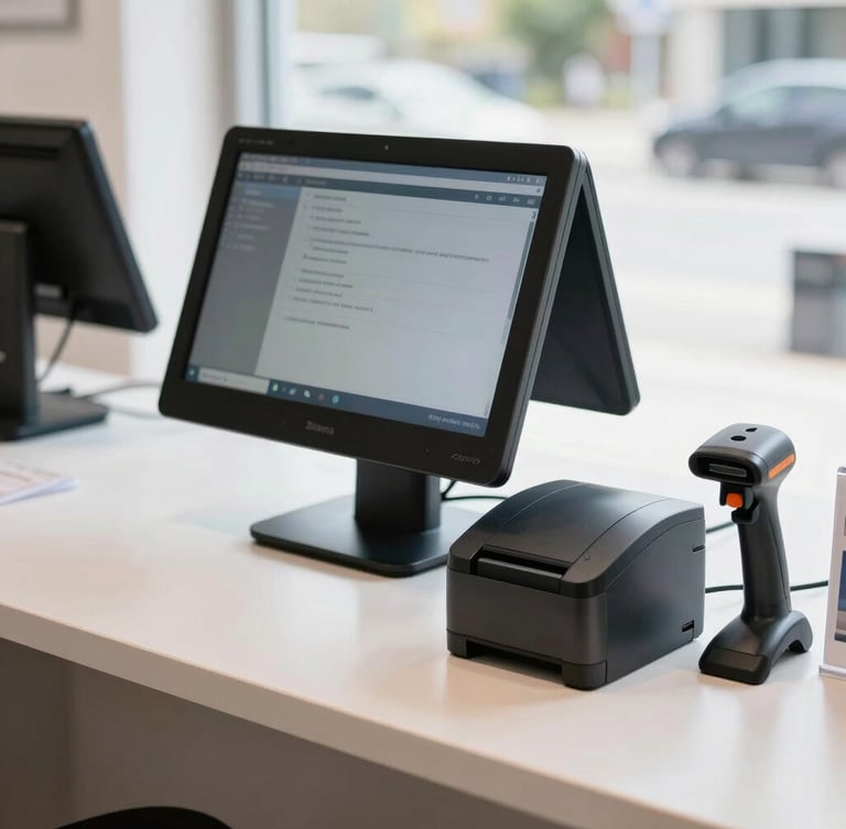 Straight-on product shot of a clean retail counter with a modern touchscreen computer, a Zebra label printer, a thermal ticket printer, and a barcode scanner, bright natural daylight.