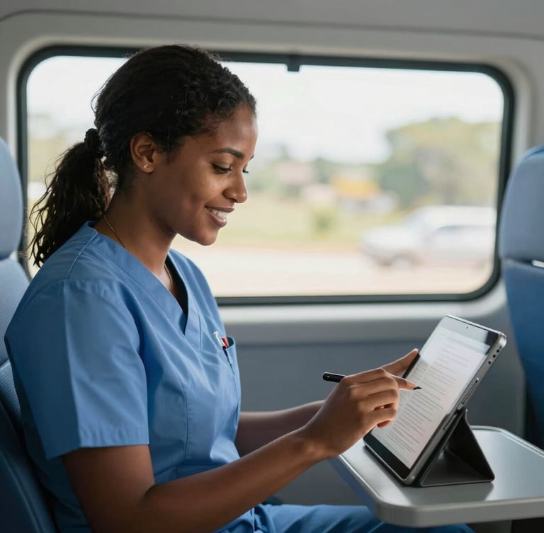 Une professionnelle de santé haïtienne souriante utilise une tablette numérique dans une clinique mobile lumineuse.