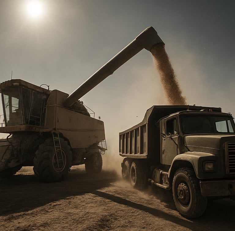 Low-angle wide shot of a massive industrial grain harvester loading a heavy transport truck under harsh midday sun, dust motes catching high-contrast light.