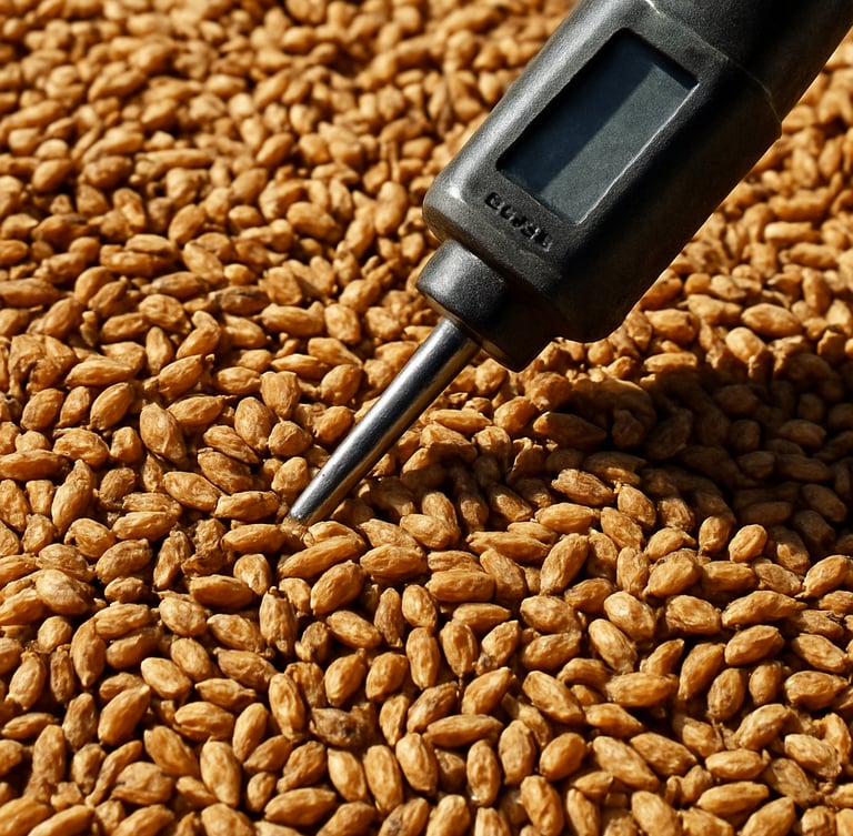 Extreme macro shot of raw golden wheat seeds being tested for moisture, harsh natural sunlight, high physical texture.