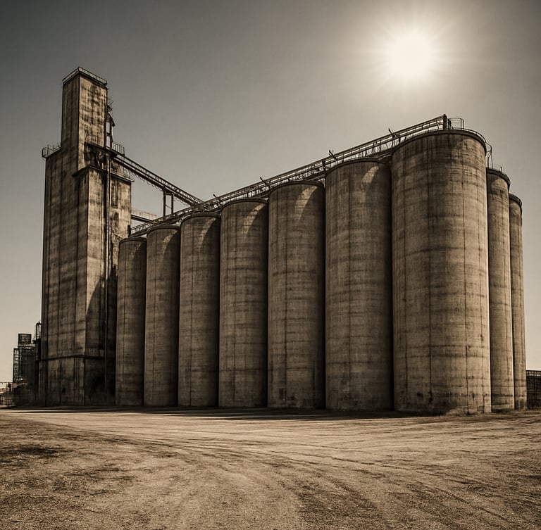 Wide-angle gritty industrial photography of massive grain silos under harsh midday sun, high contrast, desaturated earth tones.