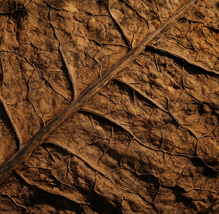 Extreme macro shot of a single cured tobacco leaf, showcasing deep golden-brown textures, prominent veins, and dry physical structure under harsh morning light.