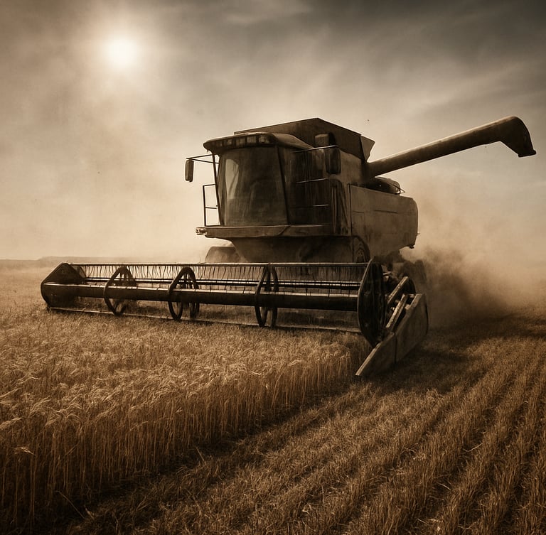 Industrial harvesting equipment operating in a wide cereal field, dust kicking up in the harsh natural sunlight, gritty high-contrast photography.