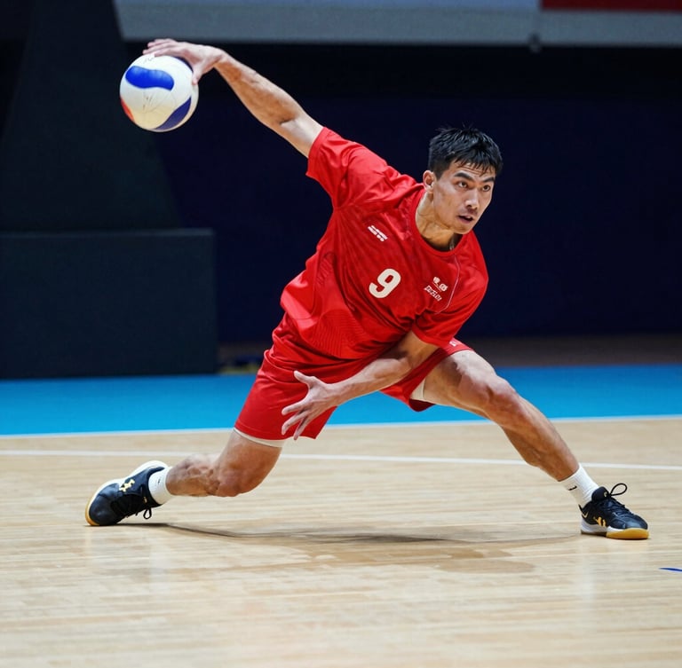 Dynamic low-angle action shot of a dodgeball player mid-throw in a high-contrast indoor sports arena. Saturated colors, sharp focus on the intense facial expression, motion blur on the textured ball, dramatic shadows, 85mm lens, shallow depth of field.
