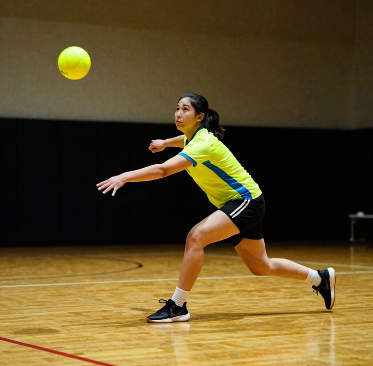 Dynamic low-angle action shot of an agile dodgeball player mid-throw in a high-contrast indoor sports hall, intense saturated colors, dramatic shadows, neon yellow ball in focus, 85mm lens, shallow depth of field