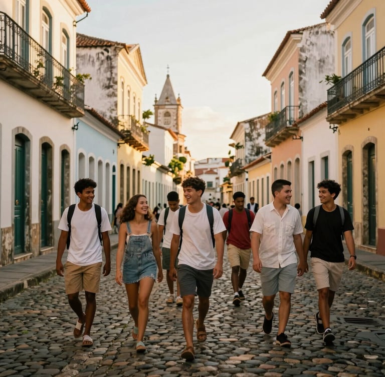 Candid wide shot of a small group of young travelers walking through colorful, sunlit colonial streets of Salvador, warm golden hour light, laughing, authentic local vibe, warm editorial photography, 35mm film style.