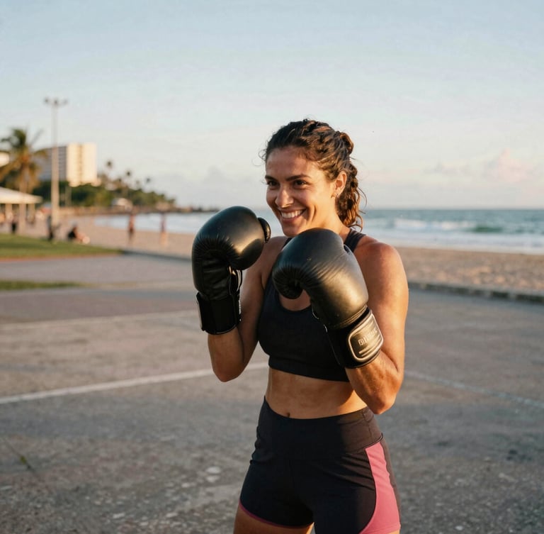 A woman trainer with boxing gloves smiling warmly in an open-air coastal space, golden hour light, authentic Bahian background, 35mm film style.