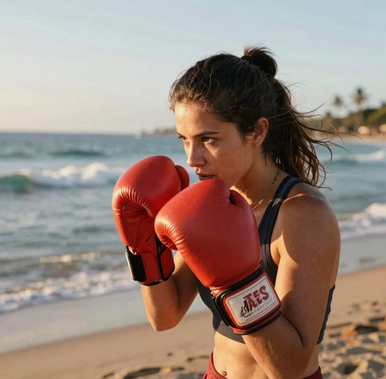 A woman practicing boxing outdoors with focus, warm golden hour sunlight reflecting off her gloves, sea breeze in her hair, coastal Salvador background, warm editorial photography, 35mm film style.