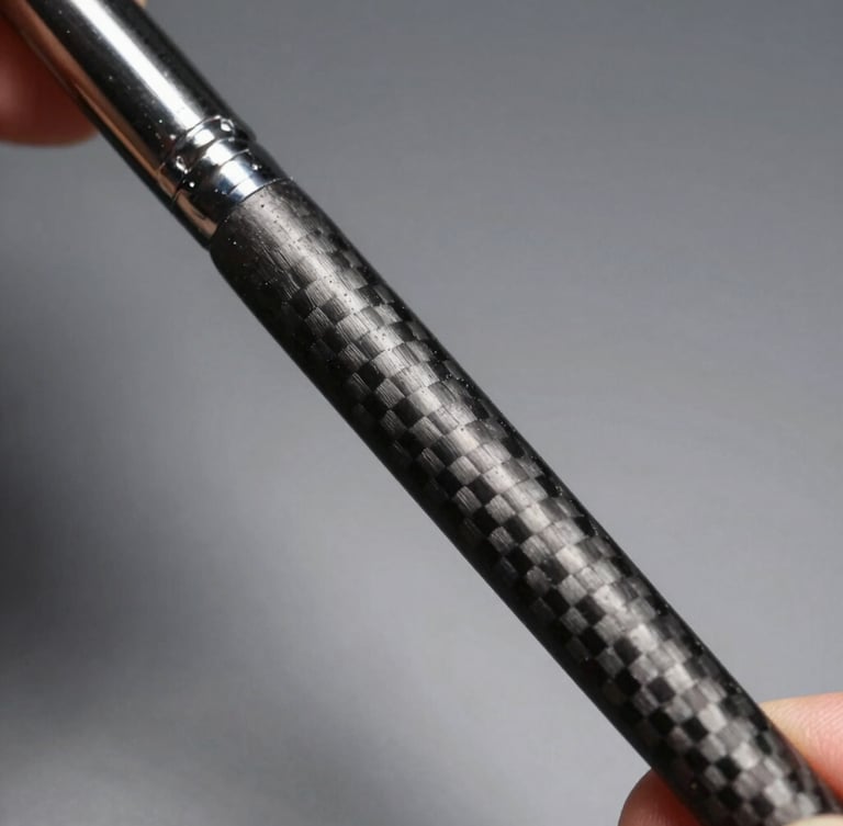 Sharp studio macro photography, close-up of a stylist's hand gripping a sleek charcoal carbon fiber brush handle, high-contrast directional light, matte metallic background