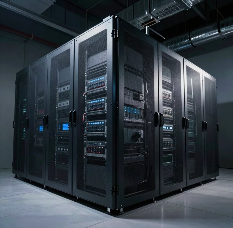 Wide geometric architectural shot of a cold-storage server facility, low-key high-contrast cool-toned studio lighting, sharp terminal-screen reflections on metal surfaces, no people.