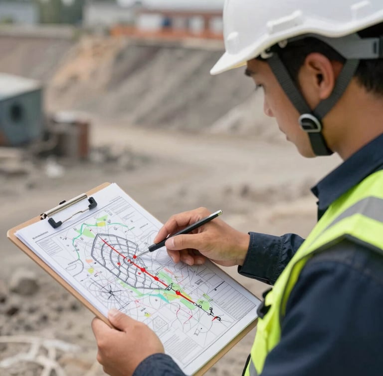 Close-up of a mining engineer pointing at a technical safety map on a clipboard, wearing a white helmet and reflective vest, dusty outdoor daylight, realistic industrial setting
