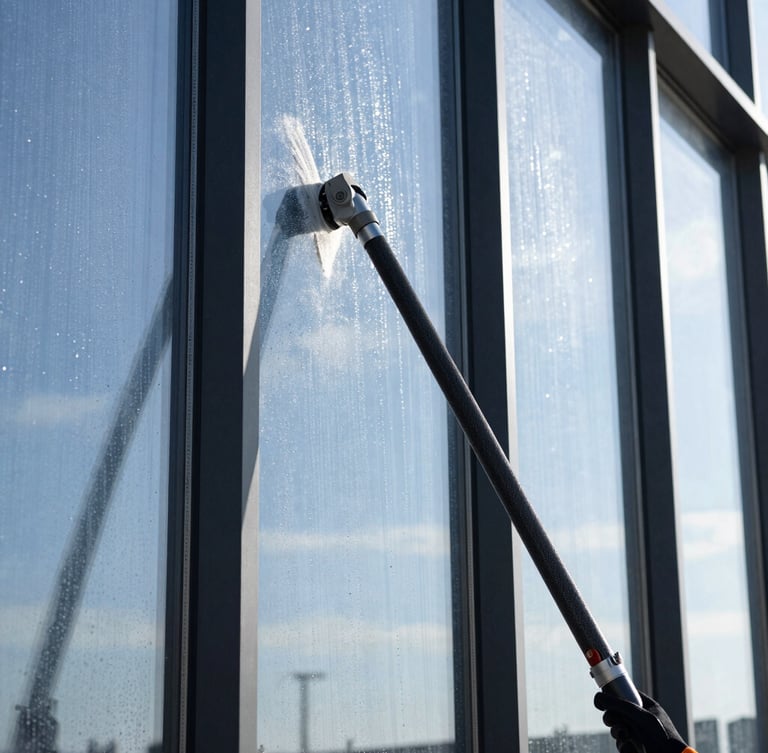 Close-up architectural photograph of a technician using a water-fed carbon fiber pole to clean a large modern window, sparkling water droplets on clean glass, bright morning sun, 35mm