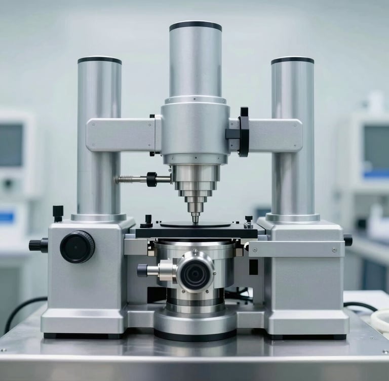 Close-up of a precision calibration instrument on a stainless steel surface in a sterile cleanroom, bright clinical lighting, cool metallic tones, sharp focus, architectural symmetry, 35mm