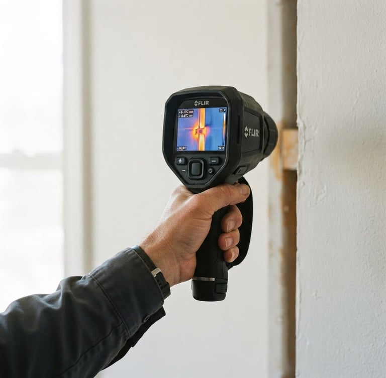 A close-up of a technician's hand holding a high-tech thermal imaging camera showing temperature differentials on a wall, bright natural daylight, technical tones, sharp documentary photography.