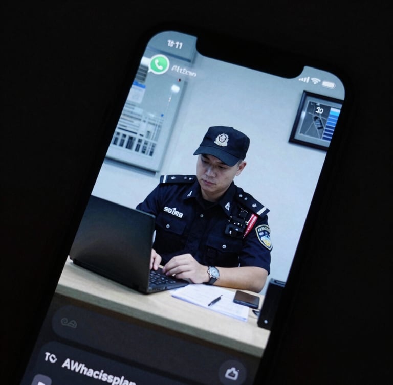 Tight shot of a smartphone screen glowing in a dark room, displaying a WhatsApp video message of a security guard at a desk, cool low-light tones, 35mm