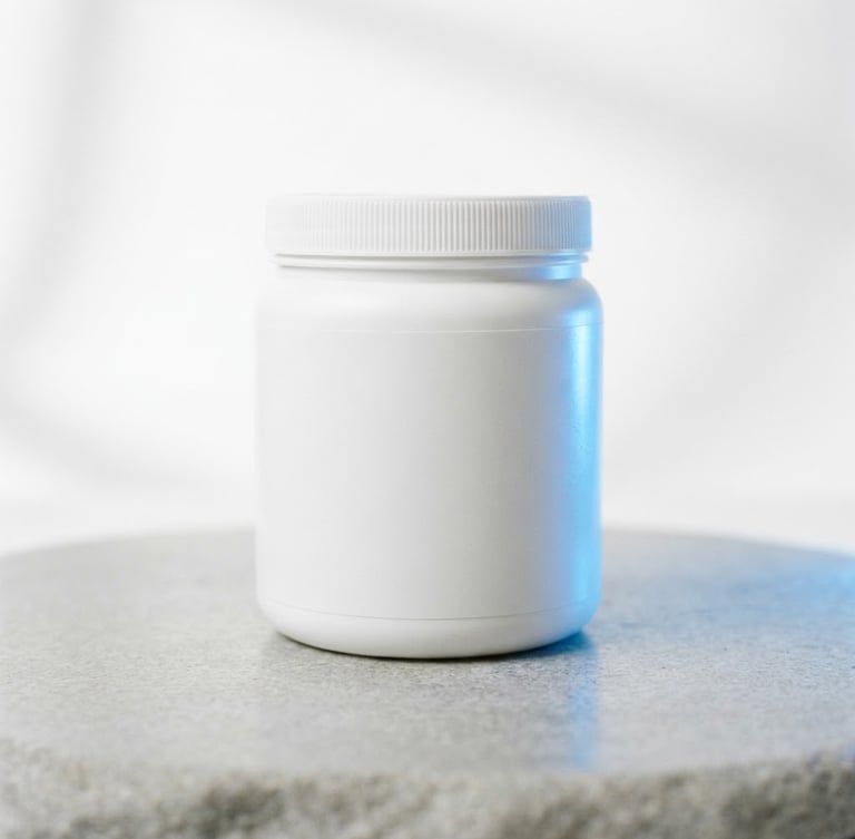 High-key studio shot of a clean white Creapure creatine jar on a smooth grey stone surface, glowing electric blue light accent from the right, minimalist composition, sharp focus, 35mm, bright natural daylight.