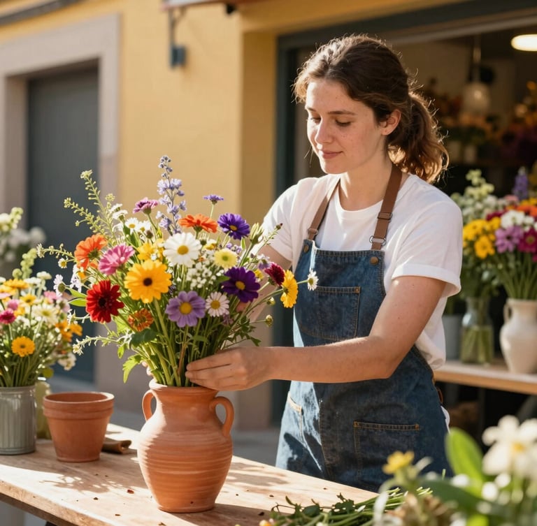 Dynamic portrait of a local florist in Spain arranging colorful wildflowers in a terracotta vase, warm golden hour sunlight, 35mm lens, authentic lifestyle photography.