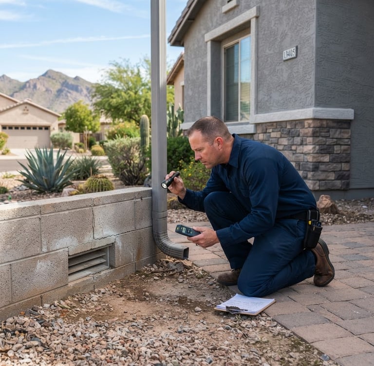 Wide environmental shot of a professional technician in a clean uniform inspecting a suburban West Valley home foundation, bright natural daylight, realistic depth of field, 35mm lens