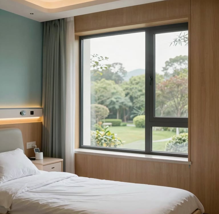 Serene private recovery suite with warm wood accents, large window looking out to a peaceful garden, soft morning light, luxurious and comforting clinical sanctuary