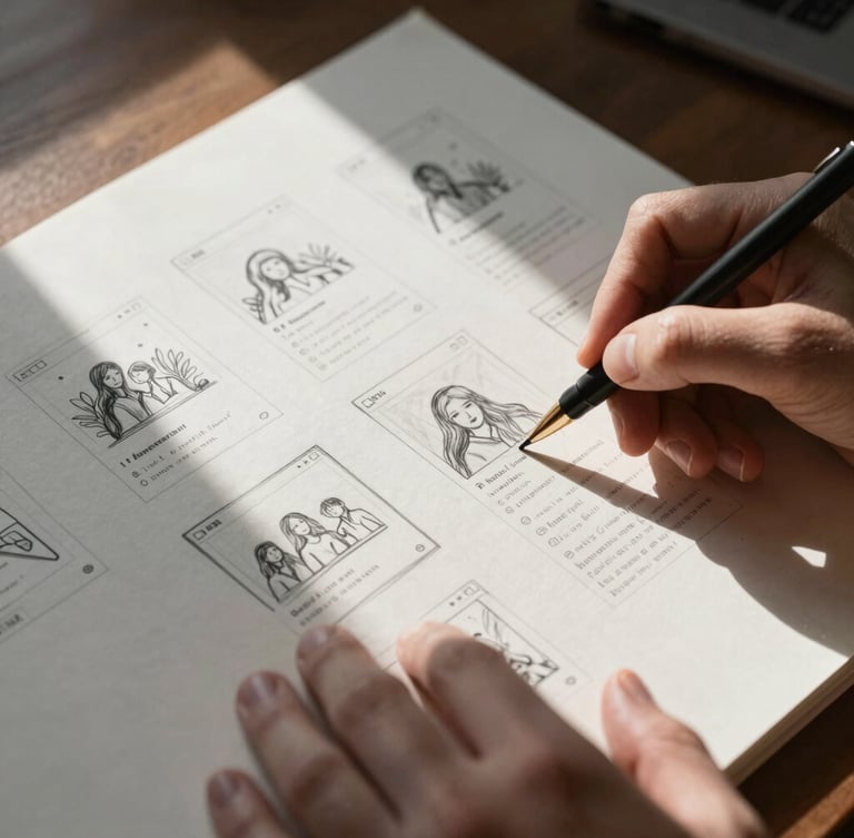 A close-up of hands sketching social media storyboards on thick parchment paper, soft directional Scandinavian daylight casting deep natural shadows.